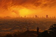 person looking over cityscape with pollution and smoke making hazy orange sky, made with generative ai 