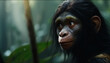 Recreation of a hominid female looking with interest in the jungle. Illustration AI