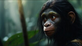 Fototapeta Do akwarium - Recreation of a hominid female looking with interest in the jungle. Illustration AI