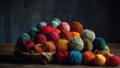Colorful balls of wool on concrete table. Variety of yarn balls. Generative Ai