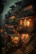 Ambient View Of A Traditional Chinese Village In The Evening