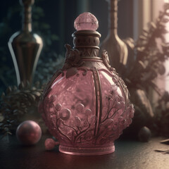 Sticker - CU Beautifully designed pink crystal perfume bottle, on the desktop

