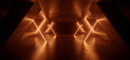 sci fi futuristic neon laser electric cyber glowing bunker orange vibrant lights stage garage hangar
