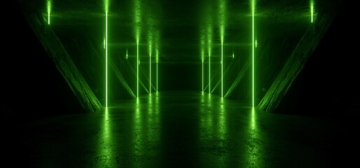 Wall Mural - Sci Fi Futuristic Neon Laser Electric Cyber Glowing Bunker Green Lights Stage Garage Hangar Hallway Corridor Tunnel Cement Concrete Grunge Basement Club 3D Rendering