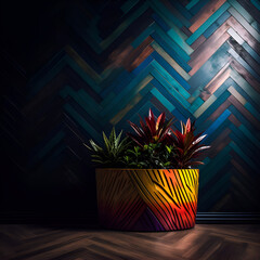 Wooden pot with a plant on the background of a wooden wall