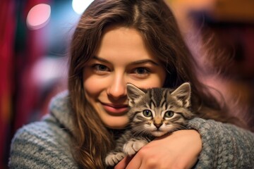 Wall Mural - A close - up shot of a woman with a gentle smile, cradling a newly adopted cat in her arms at an animal shelter. Generative AI