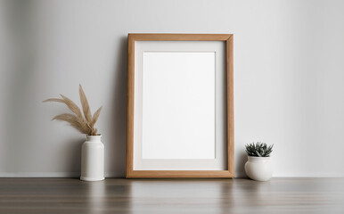 Wall Mural - Wooden frame mockup in white minimalist room with copy space for artwork, photo or print presentation. Generative AI