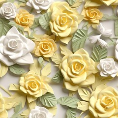 Wall Mural - 3D background of roses with leaves. Generative AI.