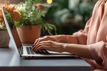 Wall Mural - Hands of a Female Specialist Working on Laptop Close-up View. Remote freelance work concept. Generative AI