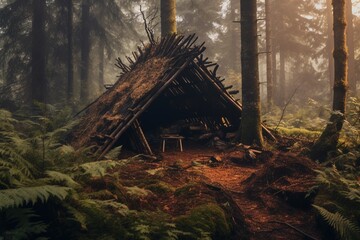 Wall Mural - Bushcraft wickiup shelter in the forest. Generative AI.