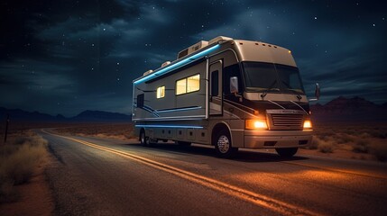 Recreational vehicle at night. Generative AI.