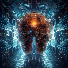 Wall Mural - 3D rendering of digital human brain in futuristic cyberspace