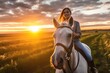 A close - up shot of a young woman horse riding in the enchanting golden hour of sunset. Generative AI
