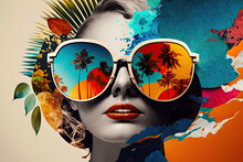 Traveling Young Woman Wearing Big Sunglasses. Retro Style Summer Collage With Palm Trees. Generative AI