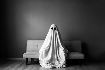 Ghost covered with a white ghost sheet on a sofa in the living room. Halloween concept