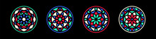 Stained Glass Simple Illustrations Collection. Circle Shape, Stylize Flat Rose Window Vector Ornament. Round Frames Set, Radial Floral Motive Design Elements. Mosaic Decorations, Black Background.
