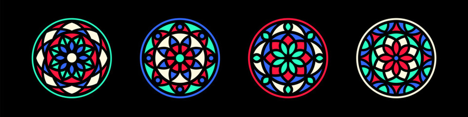 Stained glass simple illustrations collection. Circle shape, stylize flat rose window vector ornament. Round frames set, radial floral motive design elements. Mosaic decorations, black background.