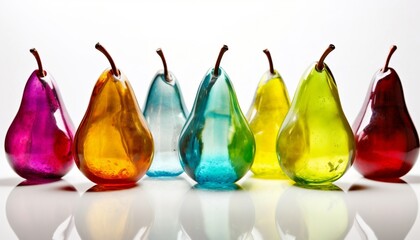 Wall Mural - Colorful Vivid Transparent Glass Pears on White Background Generative AI