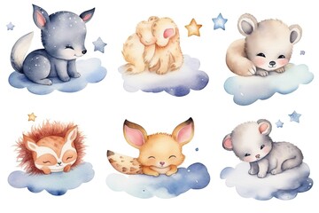 Sticker - set of Sleepy baby animals with cloud and stars painted in watercolor on a white isolated background. Generative AI