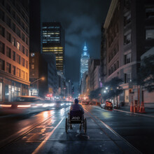 Man In A Wheelchair On The Background Of The Evening City
