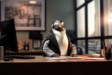 Fashion photography of a anthropomorphic Penguin dressed as business woman clothes in office