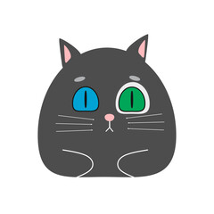 Wall Mural - Black cat with different color eyes. Vector icon. Simple flat vector illustration of cute kitten with blue and green eye. 