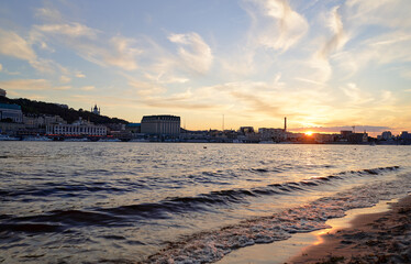 Sticker - View of Dnipro river and Kyiv city at sunset time, Ukraine.