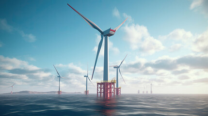 Offshore Wind Turbine in a Windfarm under construction off the England Coast at blue sky