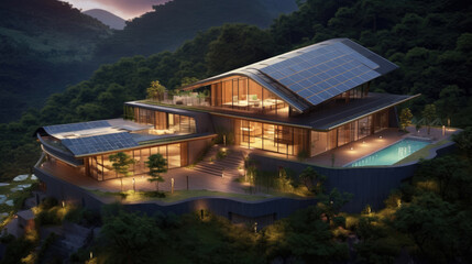 Wall Mural - solar rooftop modern house amidst the valley
