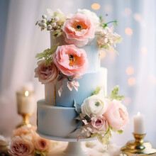 Three Tiered Pastel White And Light Blue Wedding Cake Decorated With Pastel Pink Roses On Table With Candles. Illustration For Confectionery Catalog Or Web Site. Cake For Wedding, Birthday, Events. AI
