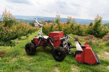 Sticker - Autonomous agricultural robot with robotic arm. Smart farm concept.