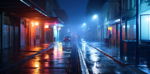 City wet road or alley in a misty night