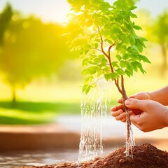 close up two hands holding water and watering young tree to growing up in park in sunset, Generative ai.
