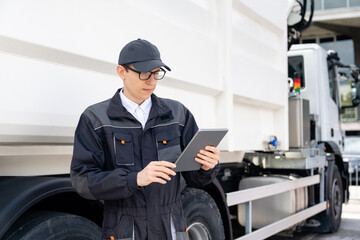 Poster - Manager with a digital tablet next to garbage truck..