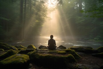 a person meditating in a tranquil forest, embodying psychological safety through inner peace and con
