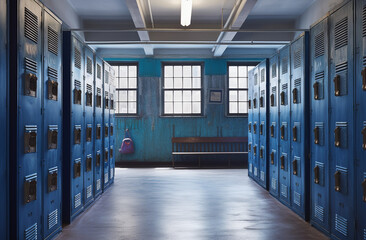 blue lockers row in a school. generative ai.