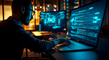 Software development concept. Coding programmer, software engineer working on laptop with javascript computer code on virtual screen, internet of things IoT, digital technology. Generative AI