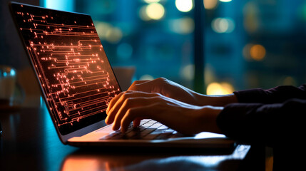 Software development concept. Coding programmer, software engineer working on laptop with javascript computer code on virtual screen, internet of things IoT, digital technology. Generative AI