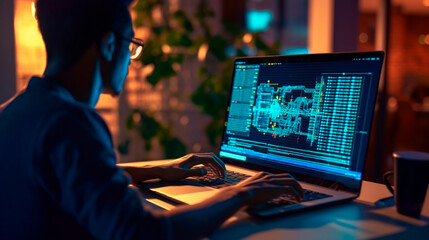 Software development concept. Coding programmer, software engineer working on laptop with javascript computer code on virtual screen, internet of things IoT, digital technology. Generative AI
