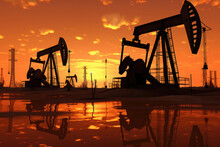 Silhouette Of Oil Pumps At Sunset. Pumping Oil From Drilling Rigs. The Concept Of The Energy Crisis In The World. Oil Production And Fossil Resources. Created With Generative AI