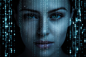 Wall Mural - digital hologram of female face looking from futuristic screen. interaction with artificial intellig