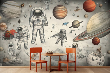 Wall Mural - Space theme. Creative and bright eco design of a children's room. Bright fantasy wallpaper on the wall of baby room. 