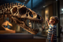 Child Looking At A Dinosaur Skeleton In A Museum, Field Trip, Education. Generative AI
