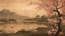 Sepia Toned, Ukiyo-e Style Illustration Of A Blossoming Cherry Tree By A Lake  With Mountains In The Distance.