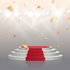 Aufkleber - Empty white stage with red carpet and with gold confetti. Winner vector background