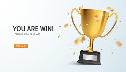 winner banner. gold realistic trophy cup with confetti. vector award nomination background.