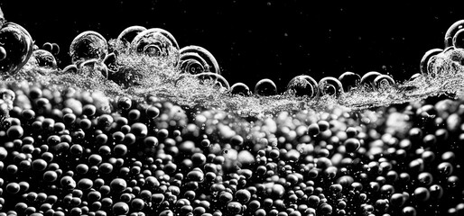 Wall Mural - Soda water bubbles splashing underwater against black background. Cola liquid texture that fizzing and floating up to surface like a explosion in under water for refreshing carbonate drink concept.