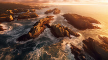 Serenity Unveiled: Awe-Inspiring Aerial View of a Rocky, Rugged Coastline at Sunset. Generative AI