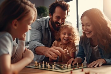 Wall Mural - Cheerful family playing board games at home Find happiness and harmony in your free time. Generative ai