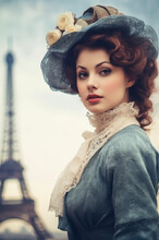 Portrait Of A Young Woman Posing In Front Of The Eiffel Tower